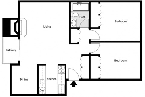Floor plan for 2 beds, 1 bath, 850 sqft